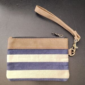 Canvas Wristlet Wallet Blue Brown Stripe  Zip Top 5 X 4